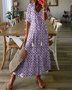 Barila Long Dress for Women – Boho Summer Dress with V-Neck, Vintage Print & Cotton Comfort