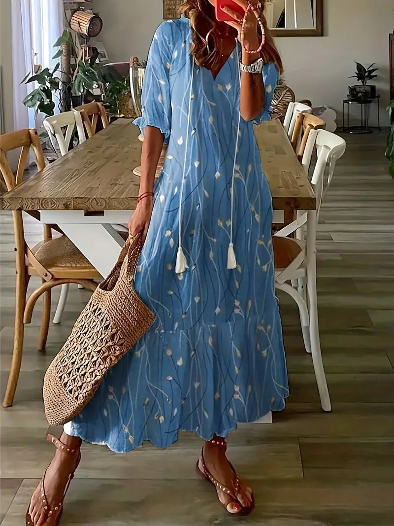 Charm Boho Dress for Women – Elegant Summer Dress with Ruffles, V-Neck & Ikat Pattern