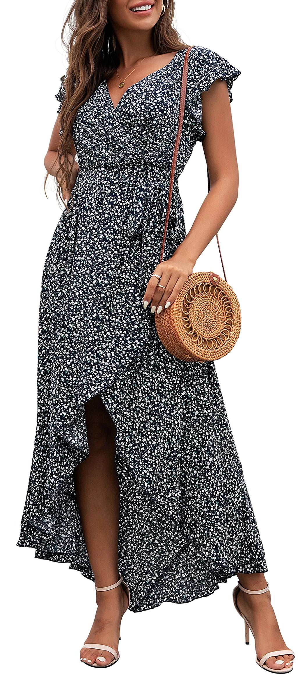 Gertrude Dress for Women – Floral V-Neck Wrap, Flowy Maxi Cut & Asymmetric Hem, Summer