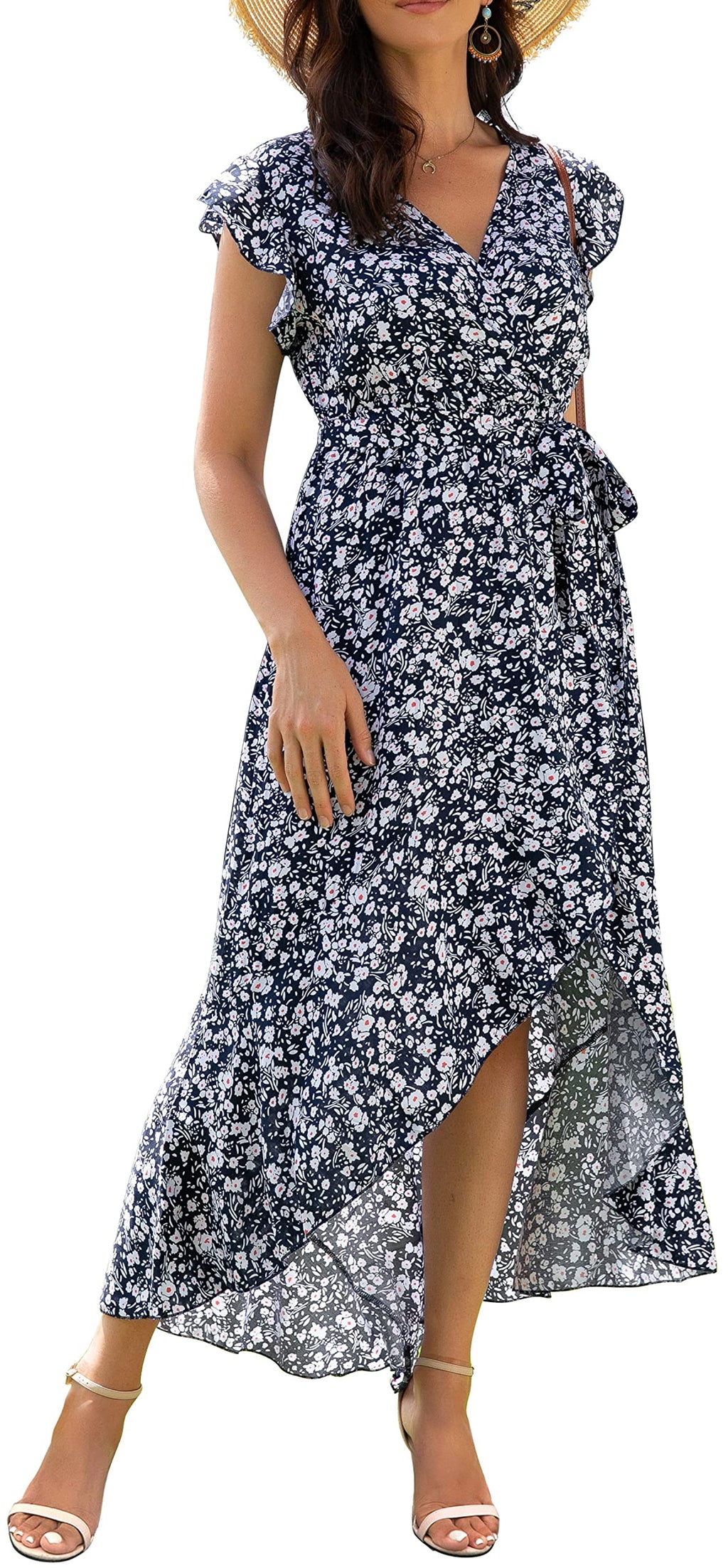 Gertrude Dress for Women – Floral V-Neck Wrap, Flowy Maxi Cut & Asymmetric Hem, Summer