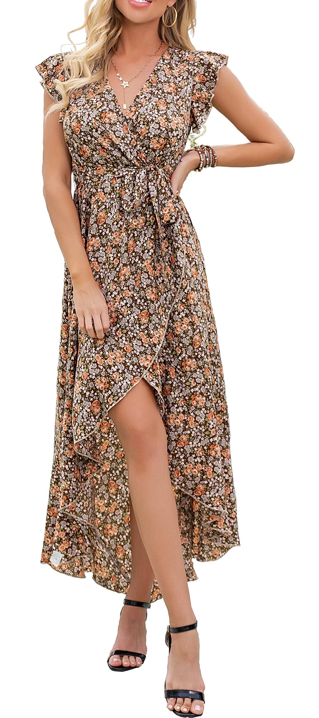 Gertrude Dress for Women – Floral V-Neck Wrap, Flowy Maxi Cut & Asymmetric Hem, Summer