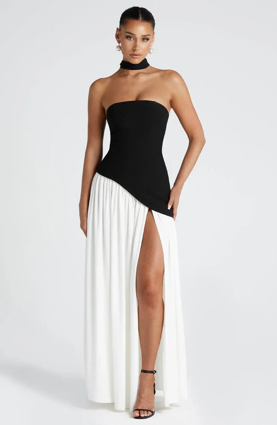 Victoria Long Dress for Women – Two-Tone Bustier Evening Dress with High Slit & Matching Scarf